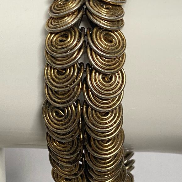 Brutalist Bracelet Bronze Geometric Entwined Wire Circles Fold Over Clasp - Picture 4 of 11